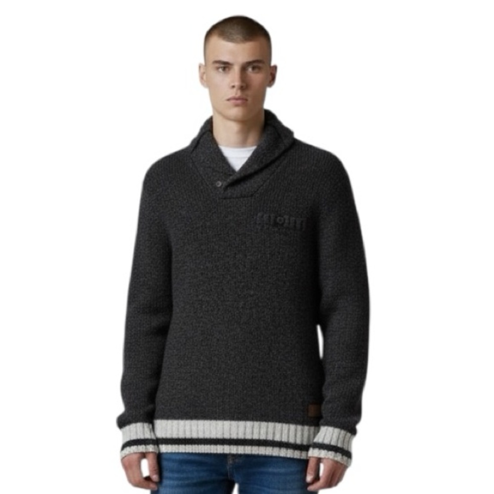 Roots Cabin Men's Large Wool Blend Shawl Collar Pullover Sweater w Elbows Patch